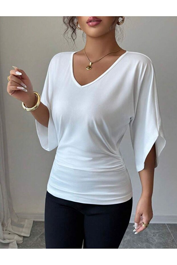 Tifanny Women's V-Neck Lycra Viscose Blouse, Draped Stylish and Comfortable Top