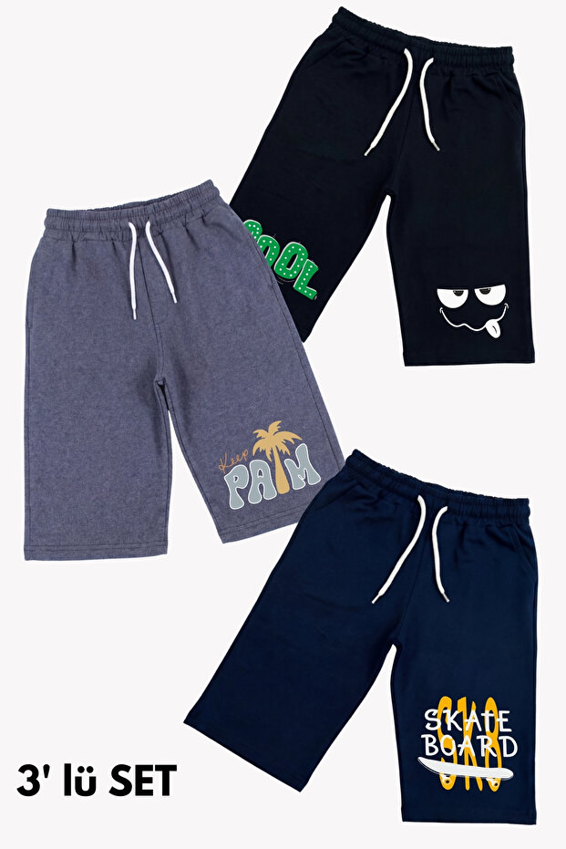 3-Piece Printed Detailed Wide-Legged Pocketed Boys' Capri Pants