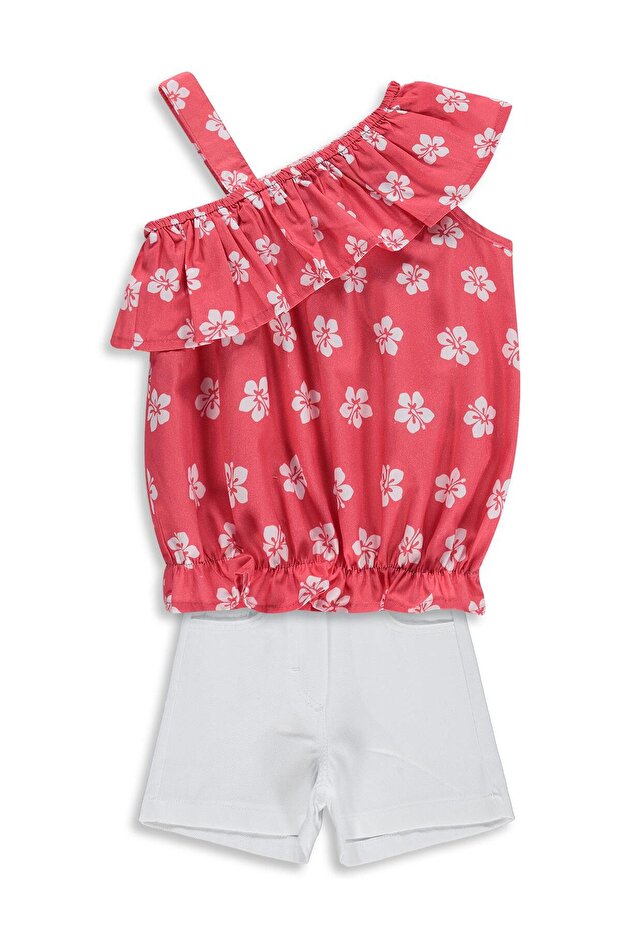 Floral Patterned Flounce Set for 6-9 Years Old - Red