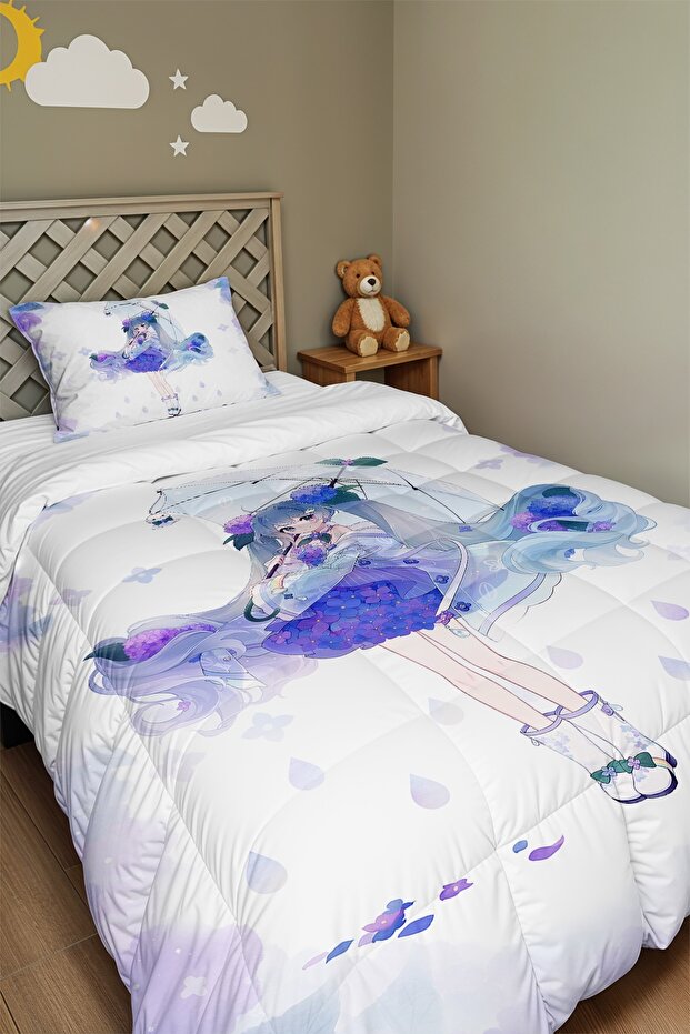 Anime Modern Girl Patterned Single Duvet and Pillowcase