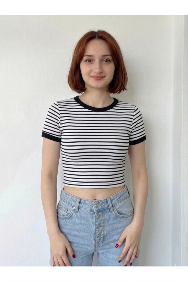 Women's Striped Crew Neck Short Sleeve Ribbed Crop Body - Retro Style