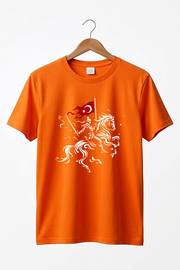 Unisex Moon Star Turkish Flag Horse Warrior Design Printed 100% Cotton Crew Neck Basic T-Shirt