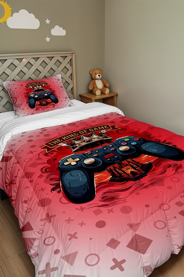 Red Gamer Patterned Single Duvet and Pillowcase