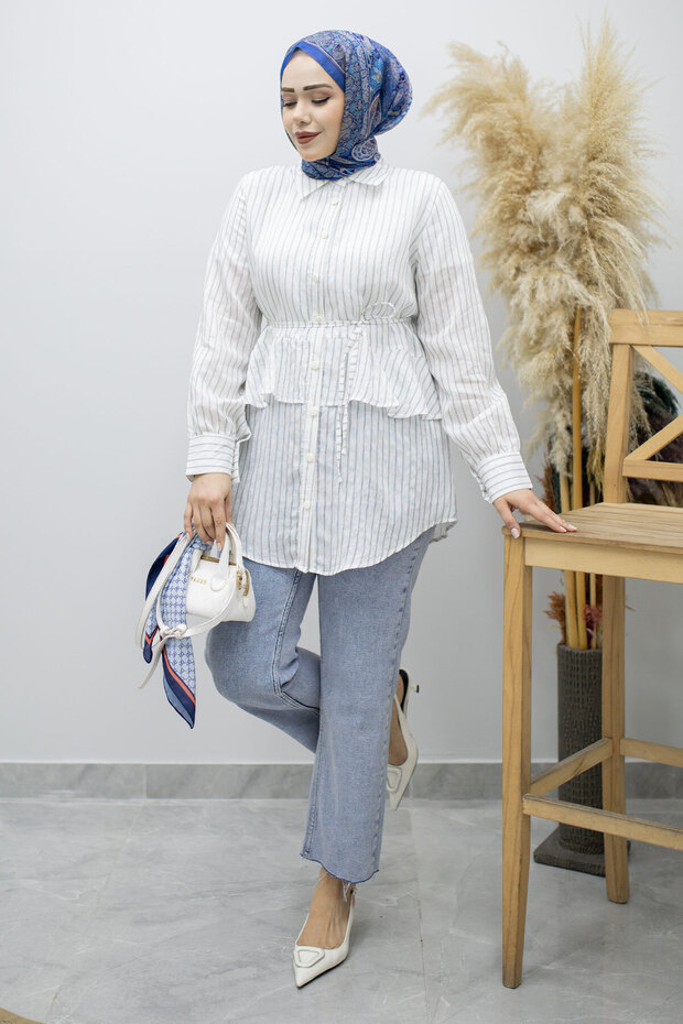 Ruffle Detailed Striped Shirt Tsd260160 White