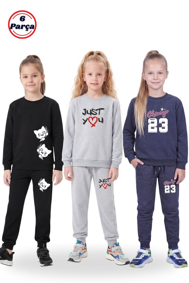 3-Piece Girls' Crew Neck Various Printed 6-Piece Tracksuit Set