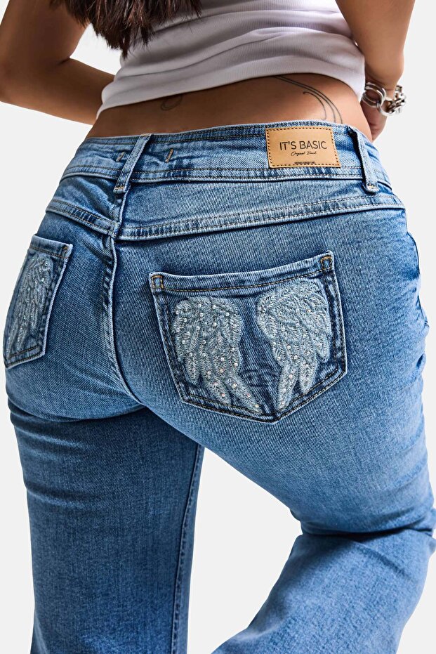 Women's Blue T-4S6-4 Flare Fit Low Waist Stone Detailed Special Design Denim Jeans