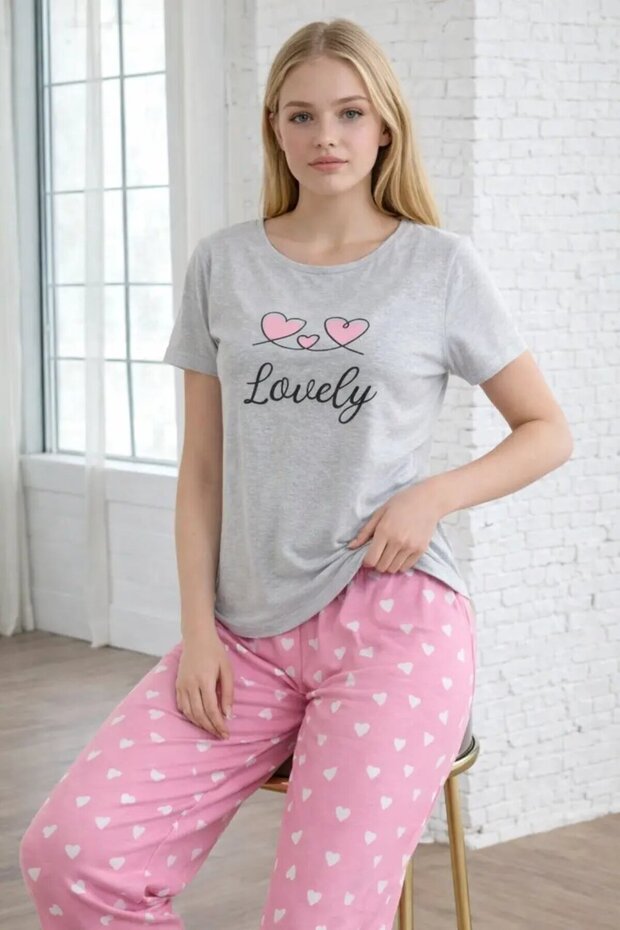 Heart Patterned "Lovely" Printed Cotton Women's Pajama Set
