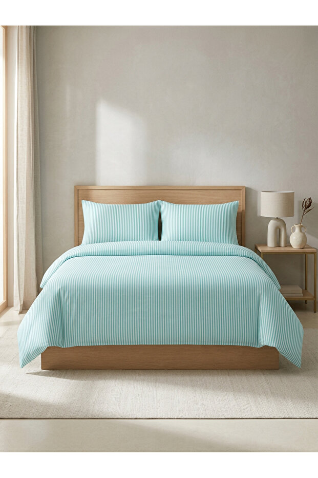 100% Cotton Double Duvet Cover Set, Striped Duvet Cover Set (Fitted Sheet)