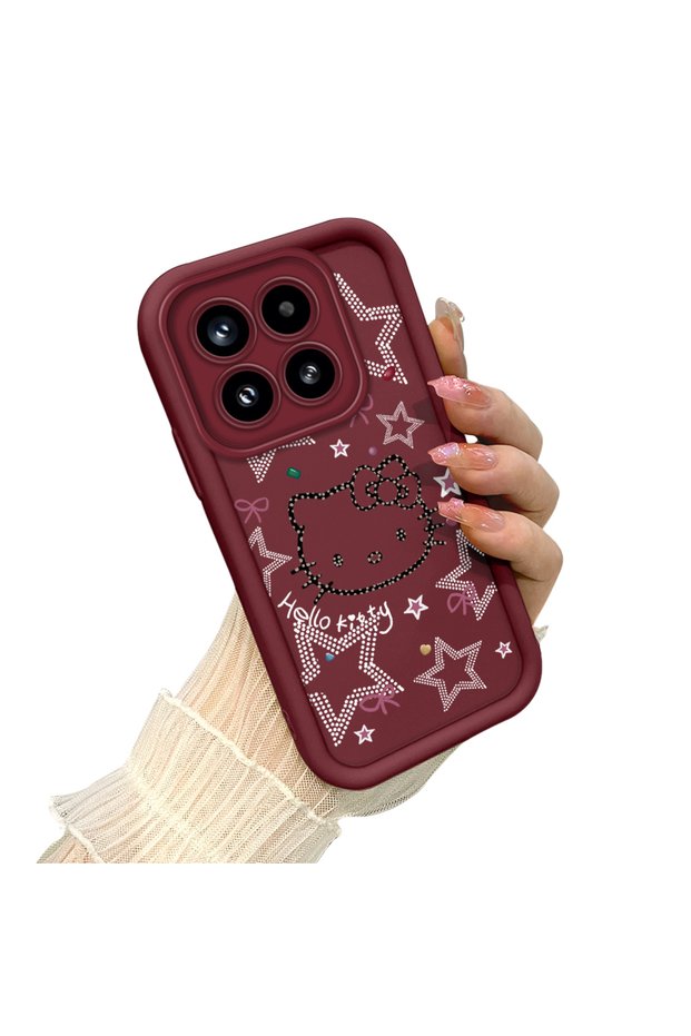 Shockproof Simple Claret Red Silicone Phone Case Hello Kitty Pattern Compatible with Mi 15 5g