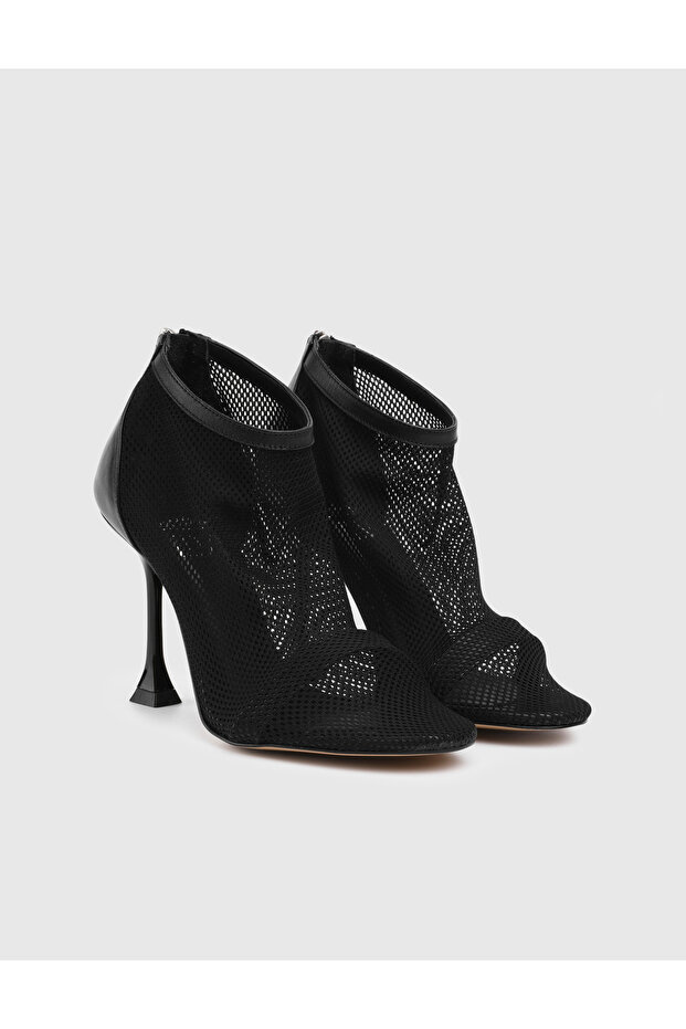 Giana Genuine Leather Mesh Detailed Black Heeled Boots