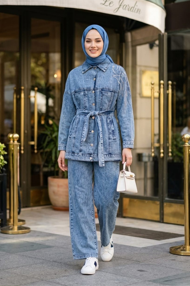Women's Belted Stone Embellished Denim Blue Tunic Trousers Double Set