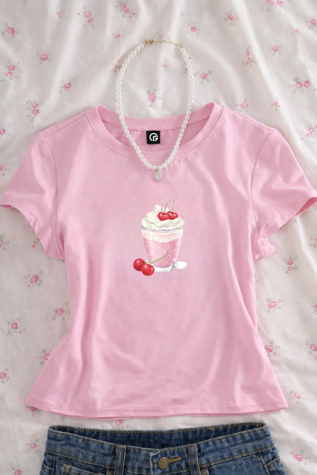 Sweet Cherry Drink Printed Belted Pink Crop Top