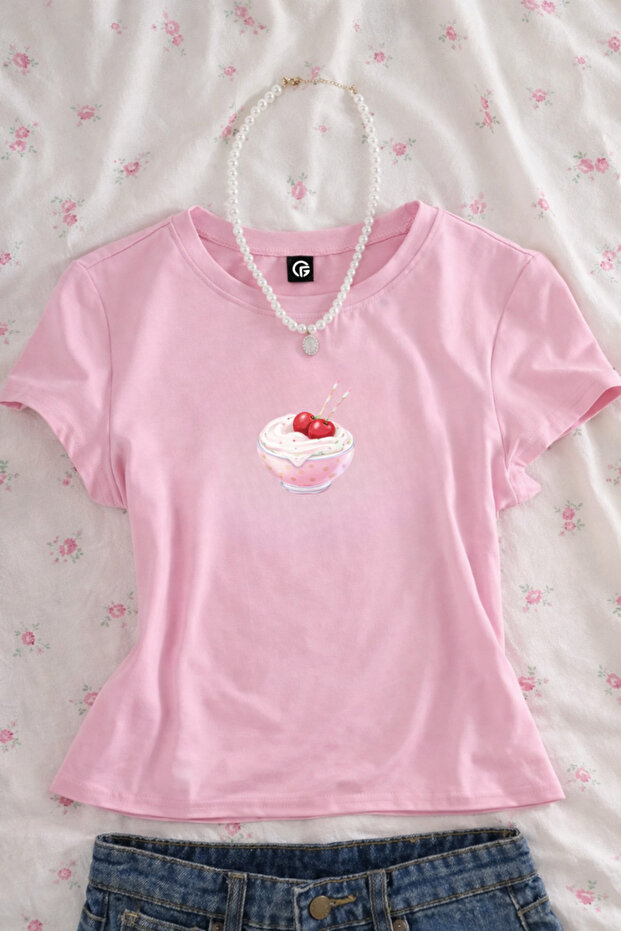 Sweet Cupcake Printed Belted Pink Crop Top