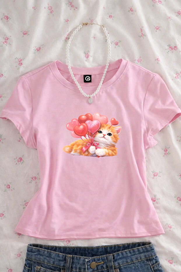 Love Balloon Cat Printed Belted Pink Crop Top