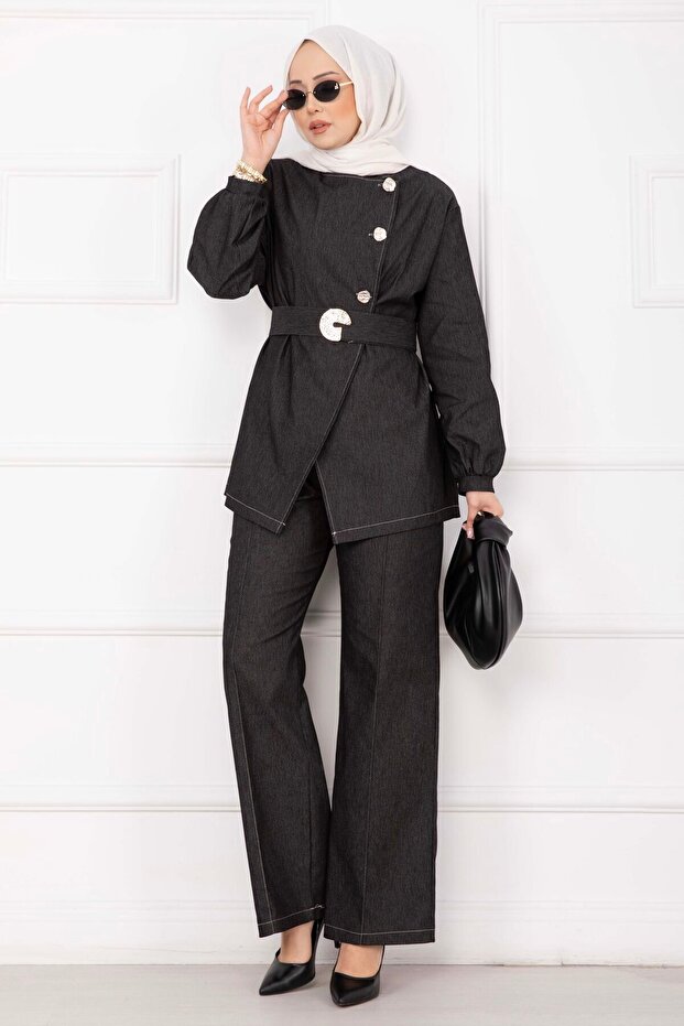Premium Gold Button Belted Jeans Suit Black