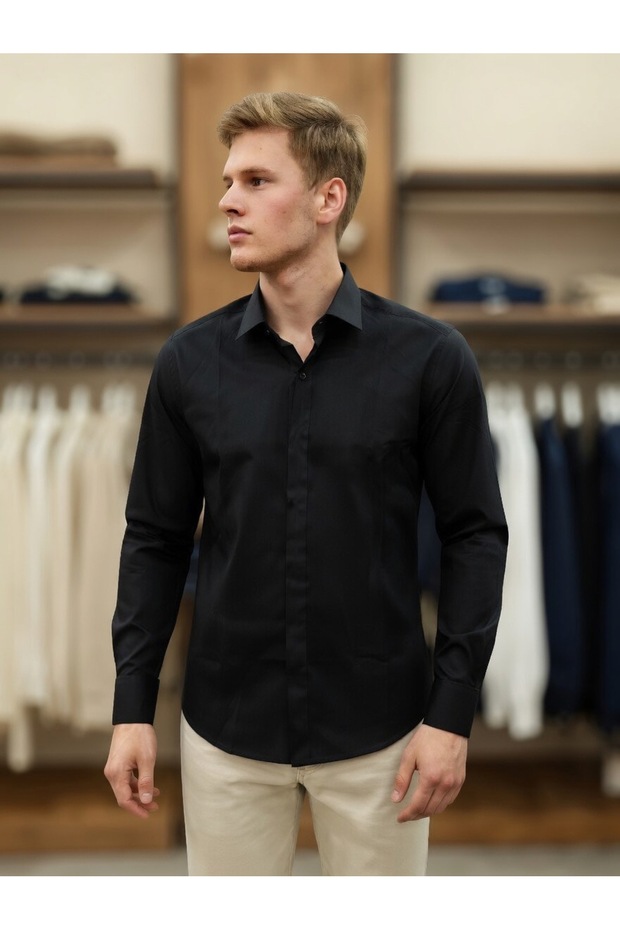 Satin Luxury Men's Shirt Slimfit Hidden Buttons at the Collar and Cuffs Slightly Shiny and Luxurious Appearance