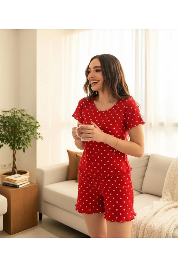 Women's Red Heart Pajama Set with Shorts Comfortable Home Wear