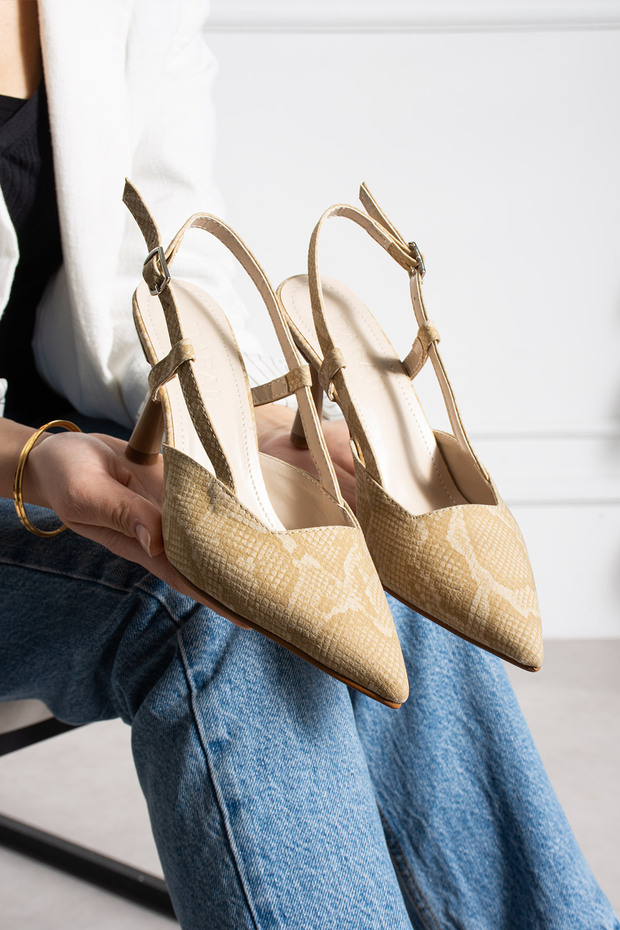 Snape Women's Beige Snake Pattern Pointed Toe 7 cm Heeled Slingback Shoes