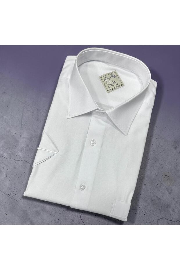 Classic Wide Cut White Men's Plain Short Sleeve Cotton Shirt