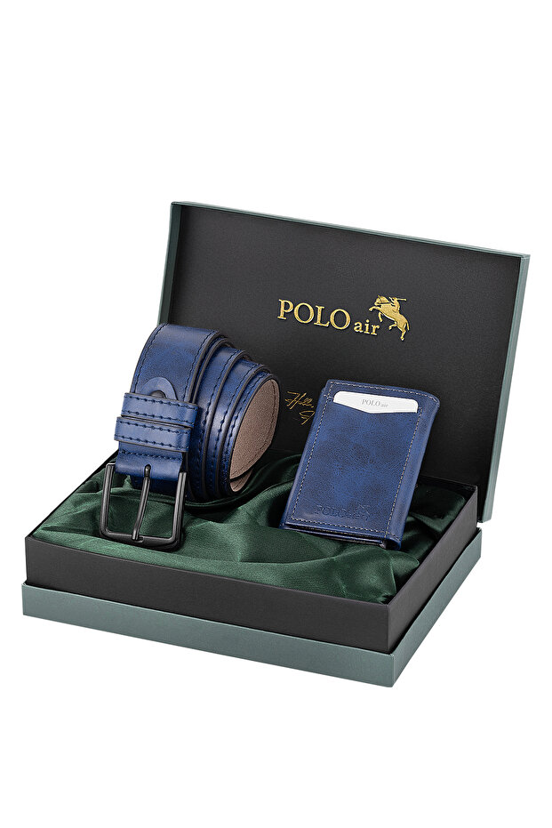 Magnetic Automatic Mechanism Wallet and Belt Men's Combination Set Navy Blue Color M-06-L