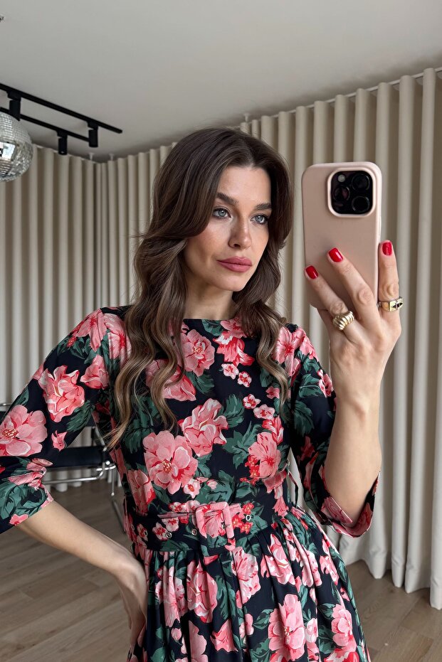 Green Salmon Floral Crew Neck Belted Dress