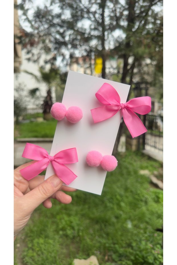 Pink Bonibon Ribbon Pompom Buckle Set (3 - 4 cm Metal Clip Buckle)