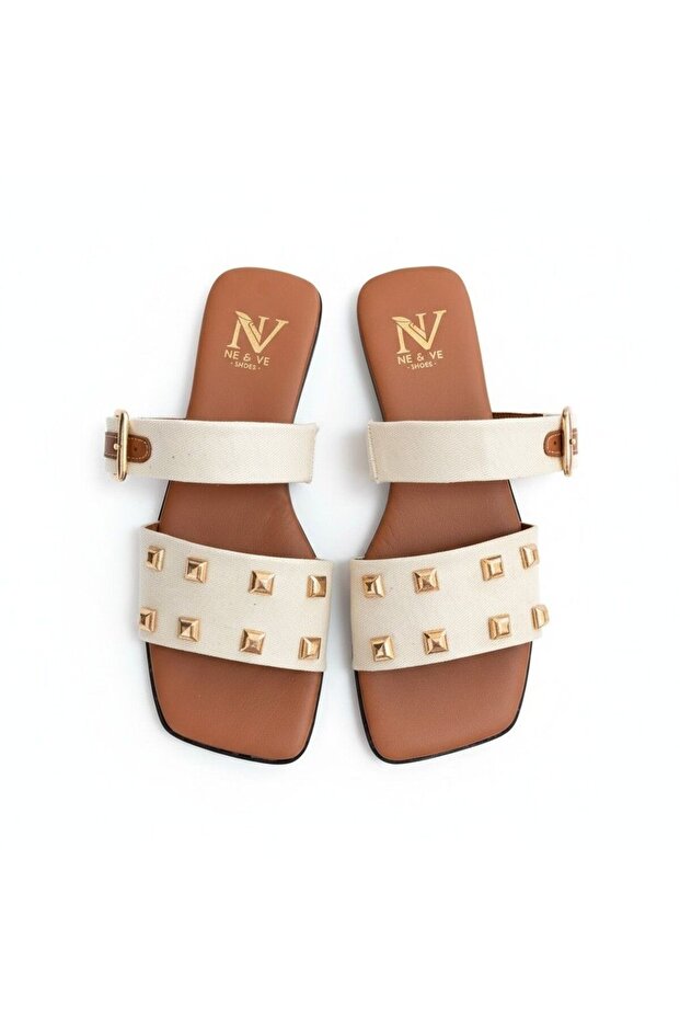 Beige Linen Accessory Detailed Inner Elastic Square Toe Slippers
