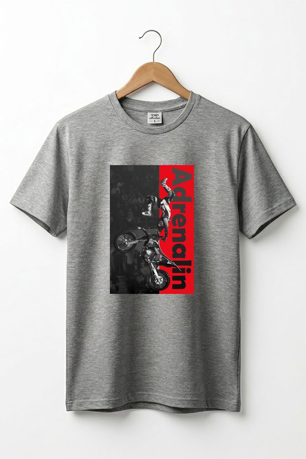 Motocross Freestyle Adrenaline Printed 100% Cotton Gray Melange Regular Fit T-Shirt