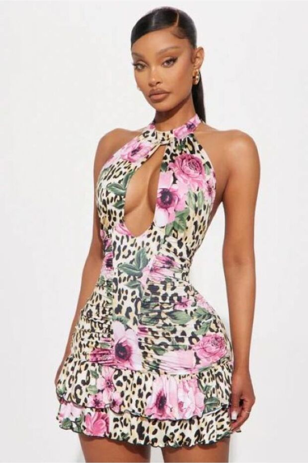 Women's Leopard Print Floral Halter Neck Backless Draped Ruffle Shorts Mini Dress