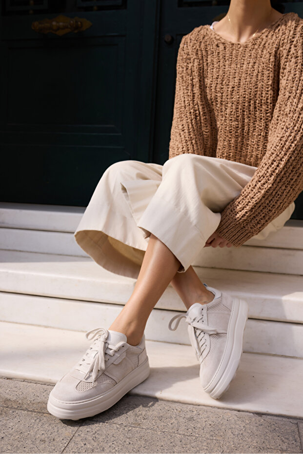 Lussaro Women's Beige Genuine Leather Suede Eva 5 cm Sole Sneaker