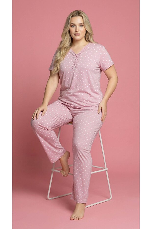 Women's Mom Plus Size Patterned Collared Buttoned Short Sleeve Combed Cotton Pajama Set