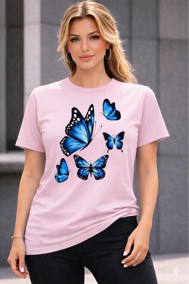 Oversize T-Shirt Blue Butterflies Printed 100% Cotton T-Shirt Comfortable Fit