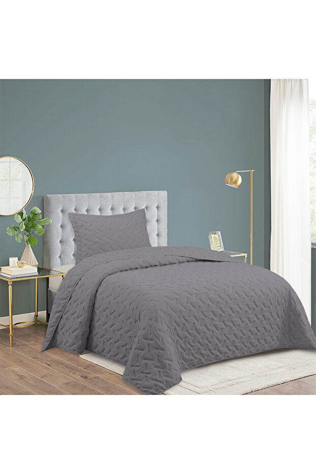 Milena Single Bedspread Set 180X240Cm - with Flounce and Pillow, 100% Polyester, Elegant Design, Anthracite