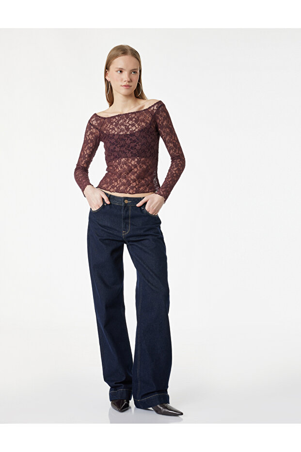 Long Sleeve Boat Neck Slim Fit Lace T-Shirt