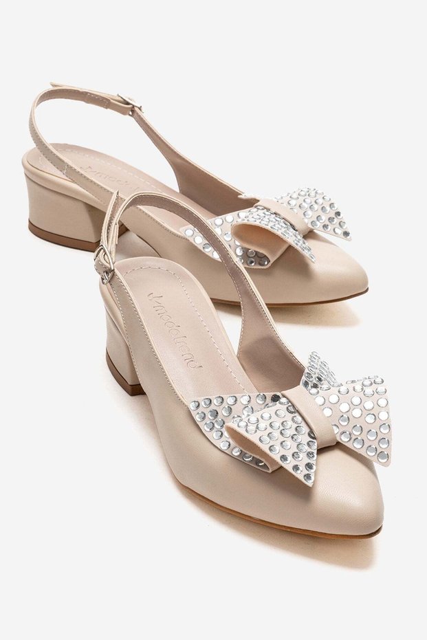 Women's Bow Tie and Stone Heeled Shoes Beige Skin