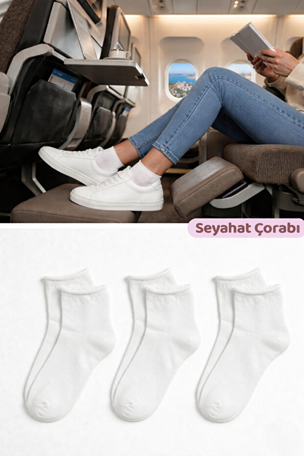 Women's White Non-Elastic Travel Socks 3-Pack Seamless/Premium/Cotton/Short/Travel Socks