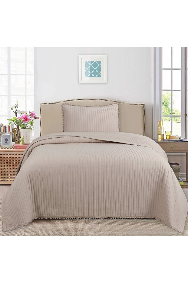 Melody Single Bedspread Set 180X240Cm - with Flounce and Pillow, 100% Polyester, Modern Brown