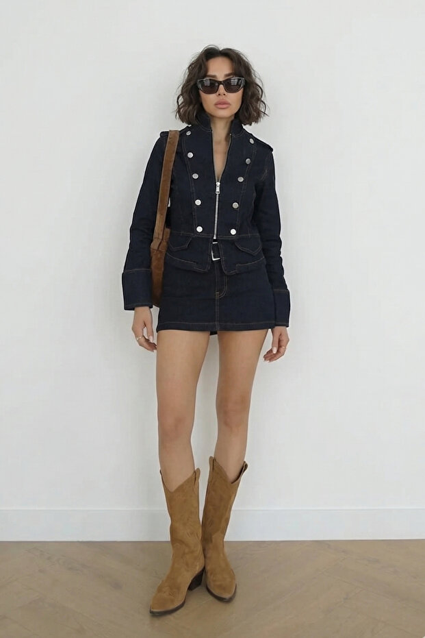 Women's Metro Jacket Belted Shorts Skirt Denim Suit Navy Blue