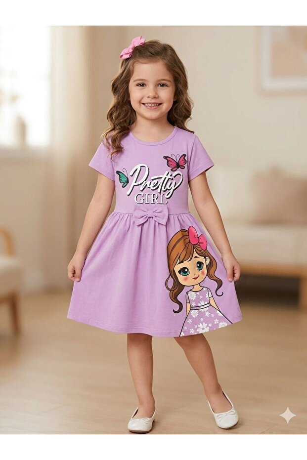 Girl's Butterfly Printed Lilac Color Short Sleeve Summer Dress