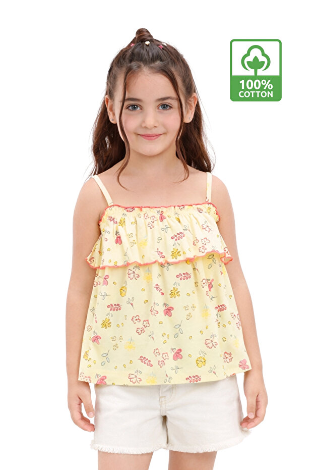Girls' Summer Tank Top - 100% Cotton Rope Strap Floral Pattern Ruffled Yellow Blouse