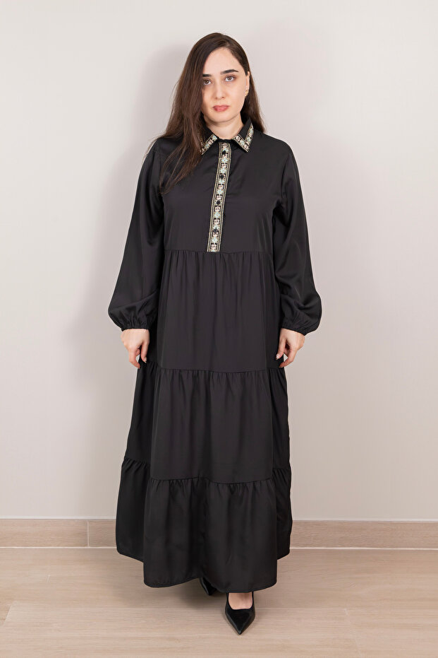 Black Tiered Maxi Dress with White Embroidery