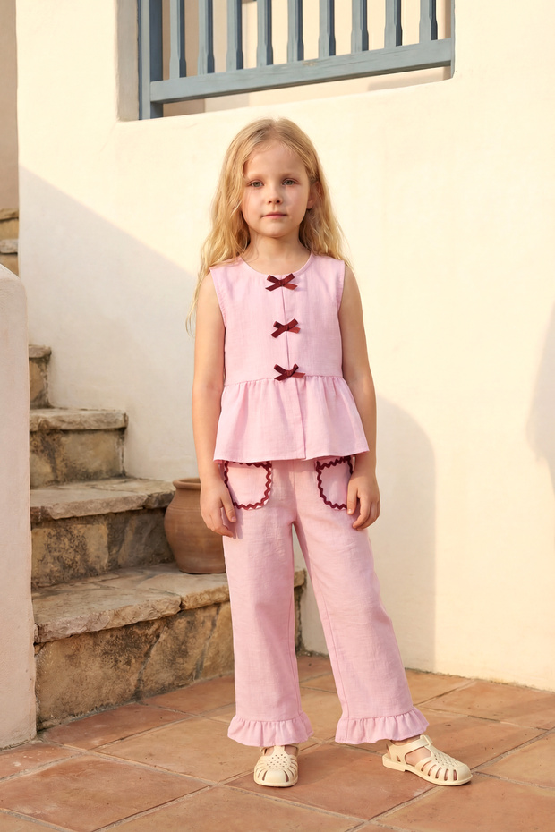 Girl's Top and Bottom Set Summer Pink with Bow Detail