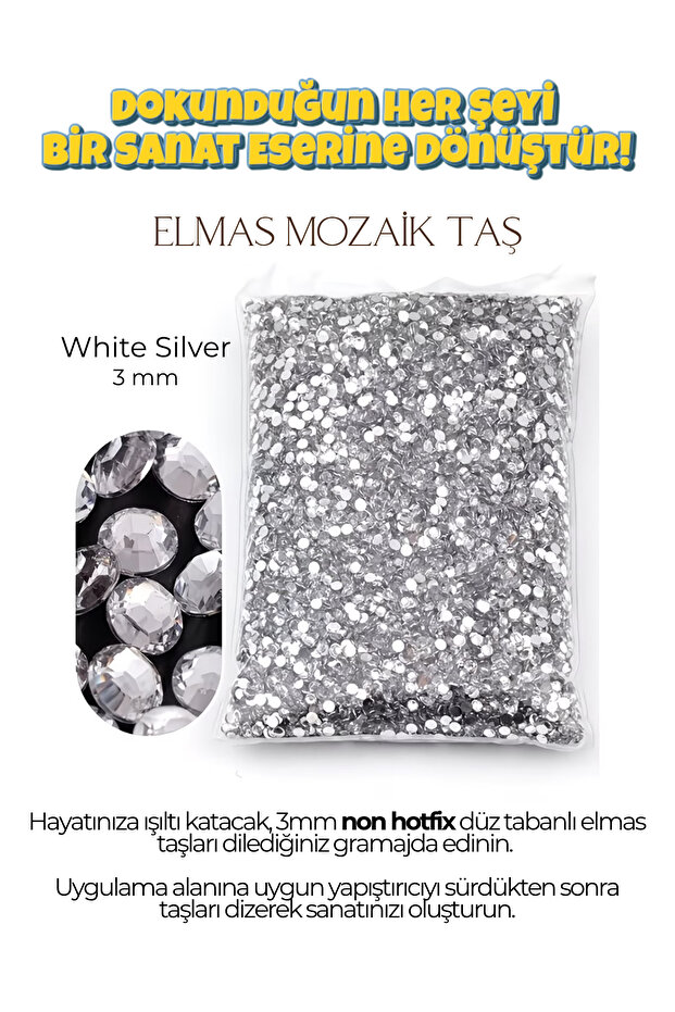 Brextco Store 1000 Adet Elmas Mozaik Taş | 3mm Non-Hotfix Düz Tabanlı Süsleme Taşı/Diamond Painting - White Silver