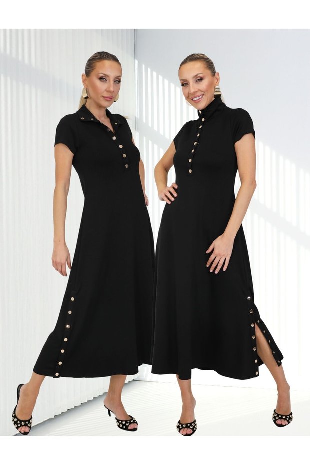 Buketli̇ Women's High Collar and Two-Side Snap Detail Tok Combed Cotton Short Sleeve Long Dress