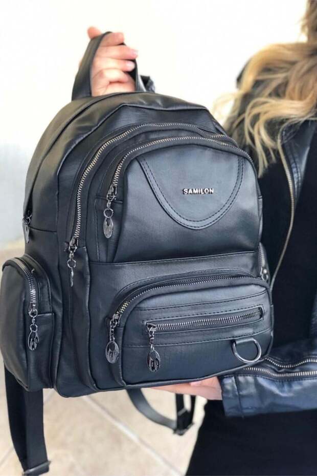 Black Multi-Pocket Washed Leather Backpack - 5