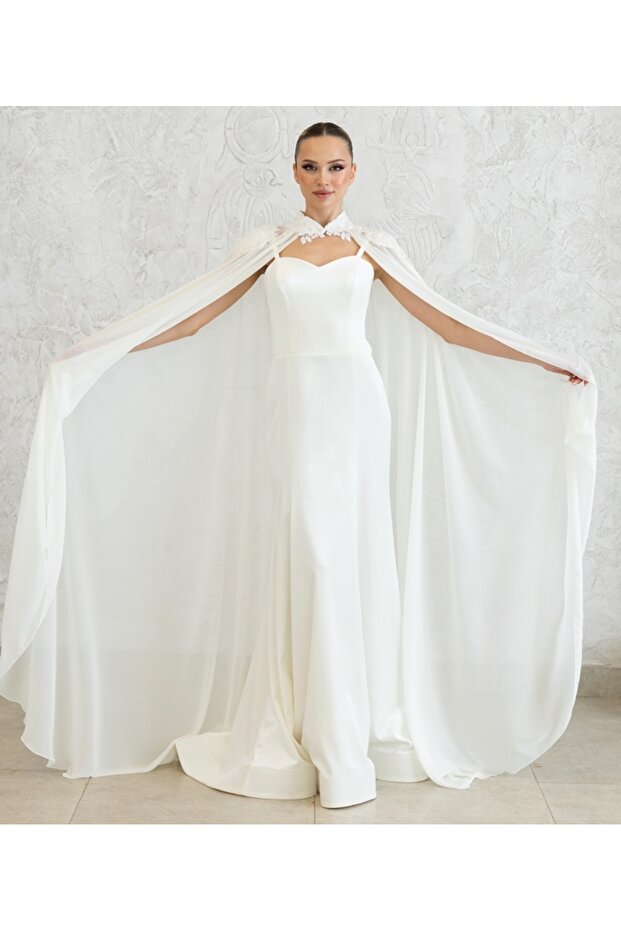 New Generation White Long Dress Chiffon Cape Double Suit-Kaftan-Bindali-Henna Dress-Bride Wedding