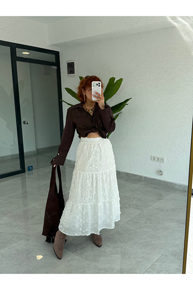 Premium Fisto Cotton Floral Embossed Layered Bohemian White Long Skirt