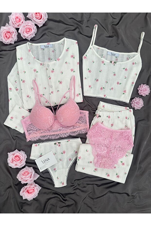 Women's Rose Patterned 6-Piece Cotton Pajama Set