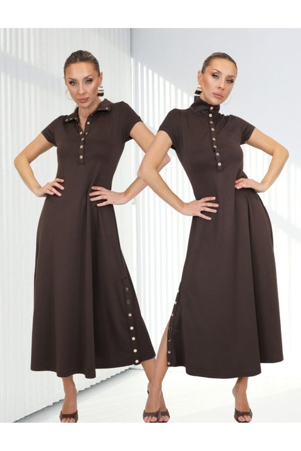 Buketli̇ Women's High Collar and Two-Side Snap Detail Tok Combed Cotton Short Sleeve Long Dress