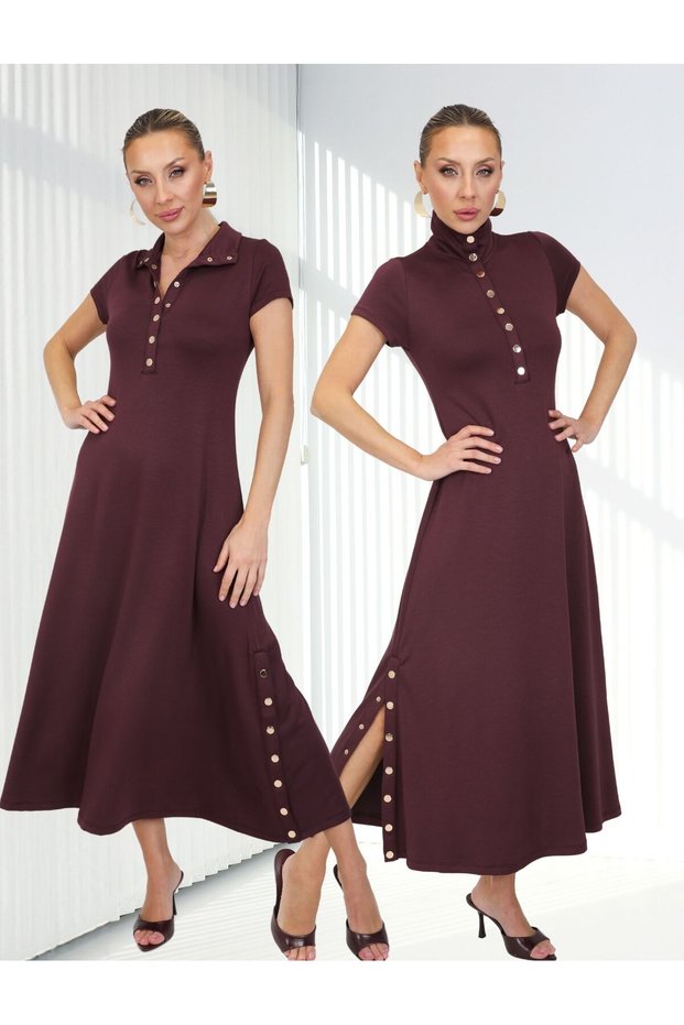 Buketli̇ Women's High Collar and Two-Side Snap Detail Tok Combed Cotton Short Sleeve Long Dress